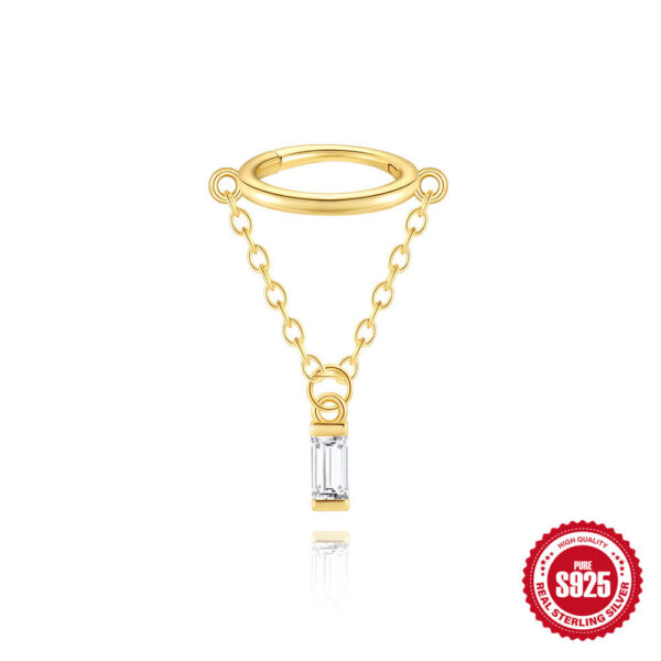 S925 Sterling Silver Geometric Diamond Tassel Chain Cartilage Ear Wheel Ring - Image 4