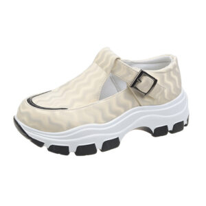 European and American Velcro Round Toe Mesh Hollow Casual Single Shoes Women Sneakers Thick Soled Color Matching Single Shoes for Women beige