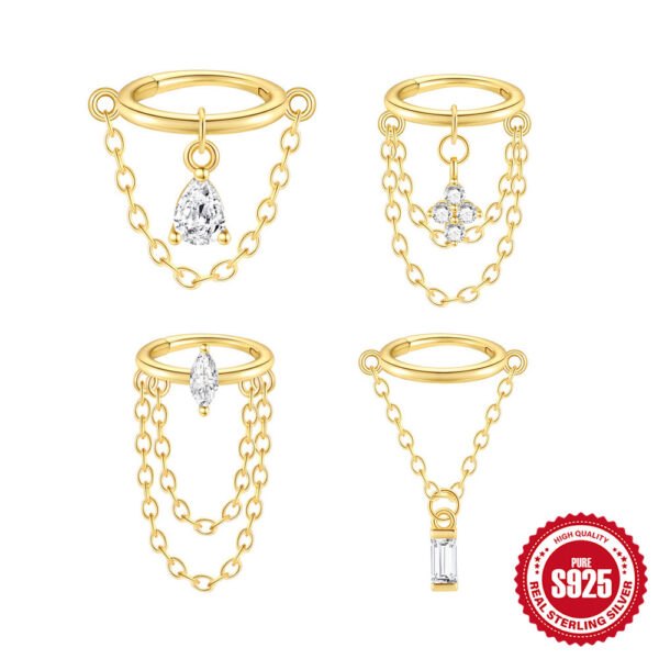 S925 Sterling Silver Geometric Diamond Tassel Chain Cartilage Ear Wheel Ring - Image 9