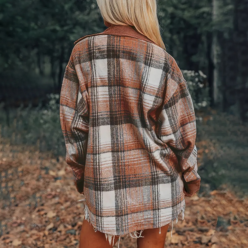 Women's Notch Lapel Check Print Long Sleeve Shirt - Button Front Pocket Detail Casual Blouse - Image 9