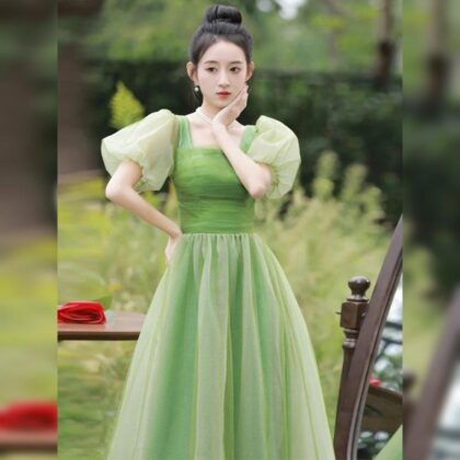Women's Exquisite French Green Chiffon Dress