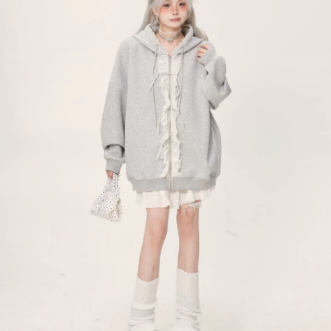 Lace Lace Zipper Gray Hoodie Jacket For Women - Image 3