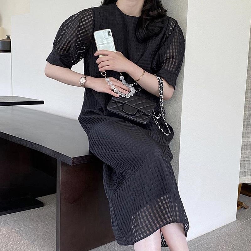 Mesh Textured Over-the-knee Puff-sleeve Dress - Image 2