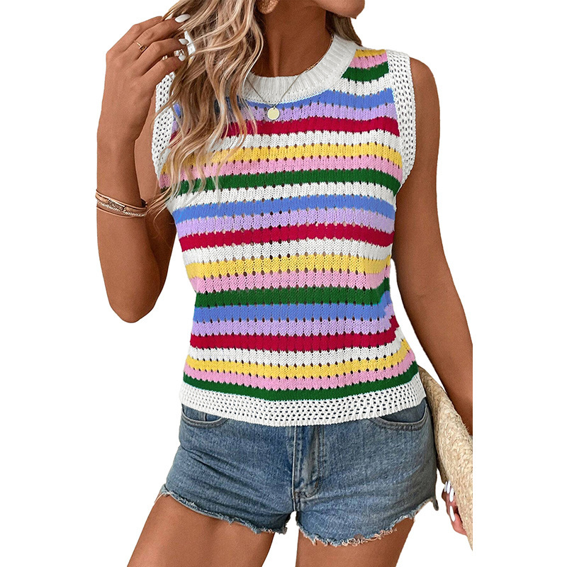 European And American Dopamine Contrast Color Striped Round Neck Pullover - Image 7