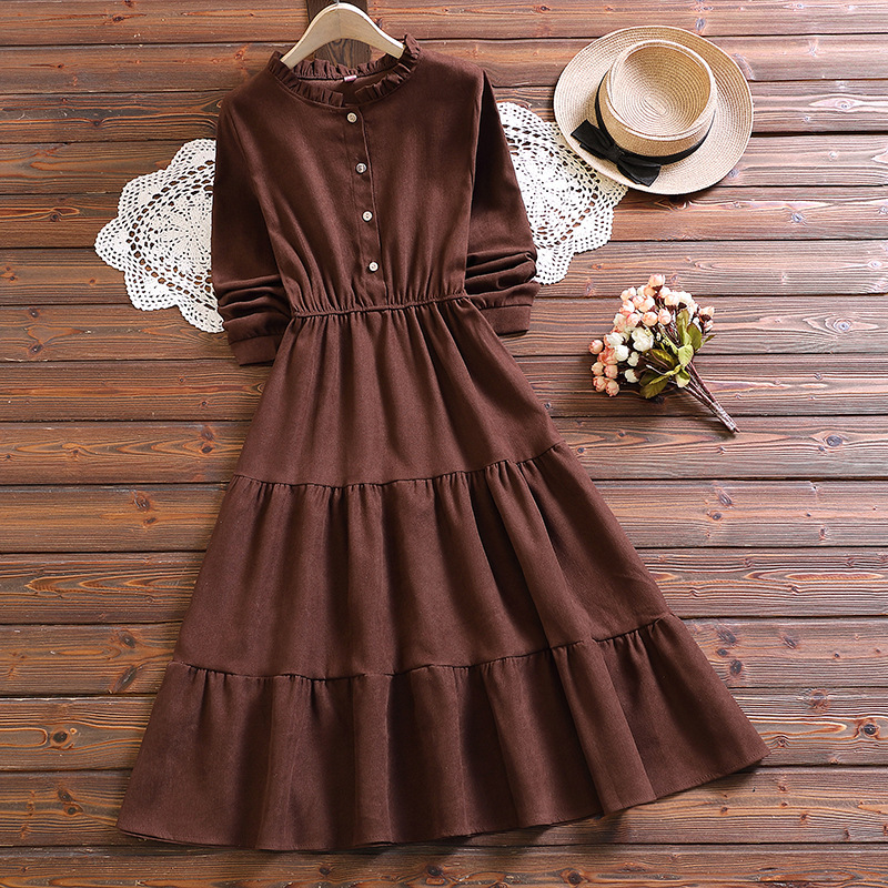 Retro Fungus Collar Corduroy Waist Slim Skirt