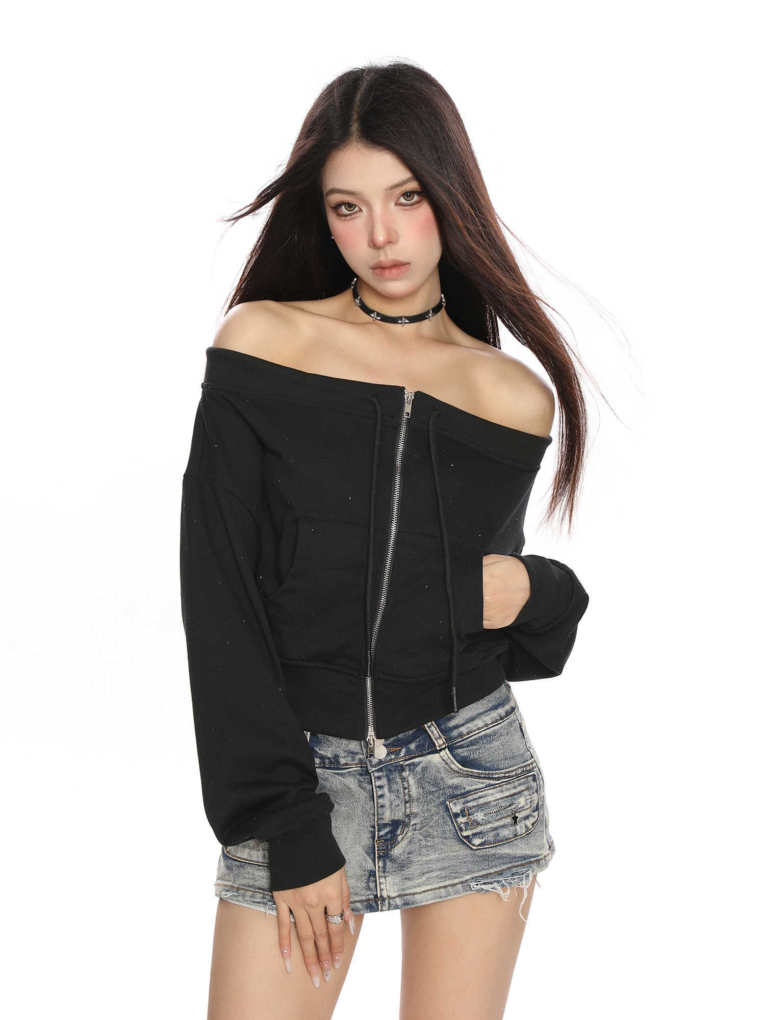 American Hot Rhinestone Starry Off-shoulder Sweater - Image 6