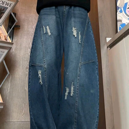 Retro Washed Distressed Loose Straight-leg Wide-leg Pants