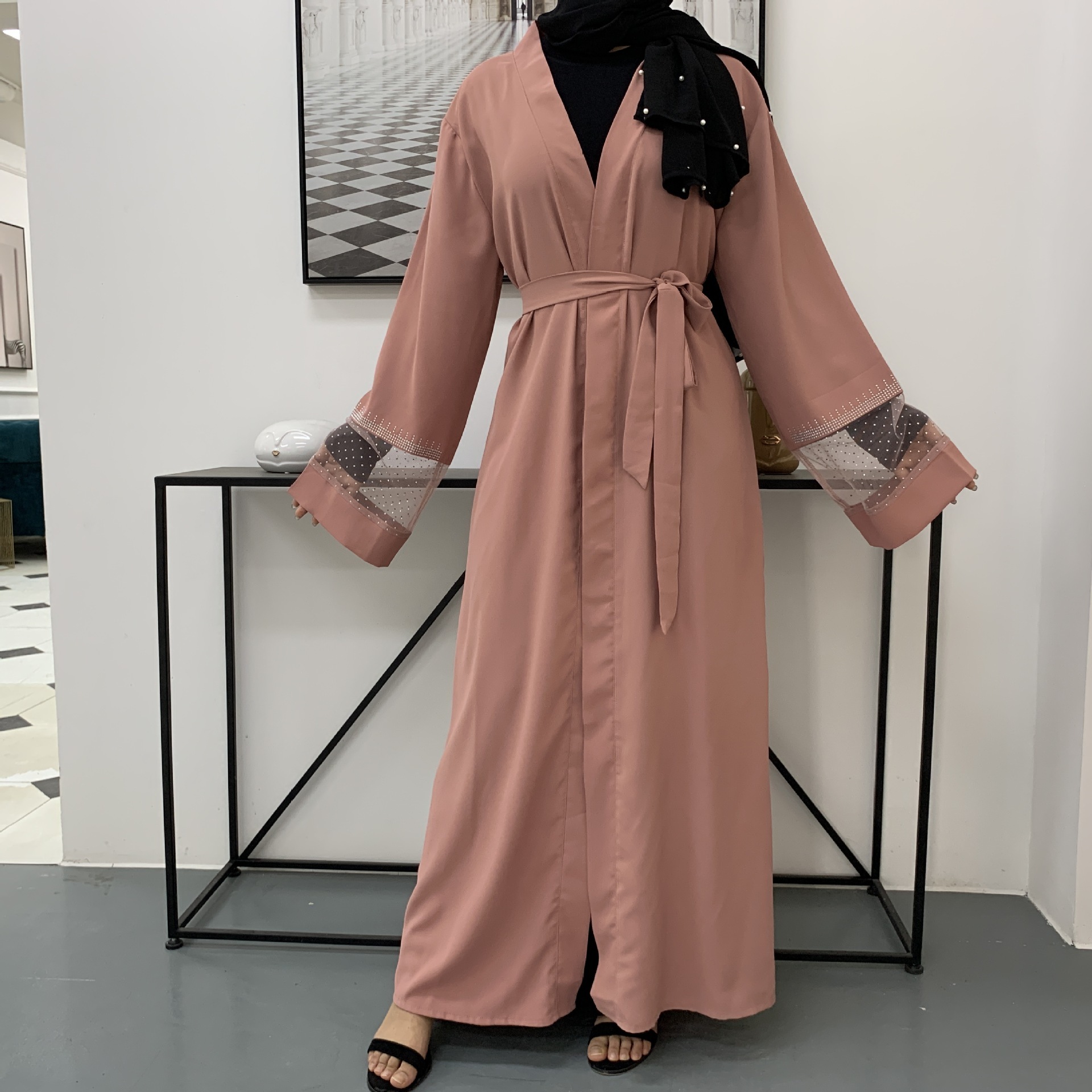 Fashion Women's Mesh Patchwork Hot Diamond Cardigan Robe - Image 7