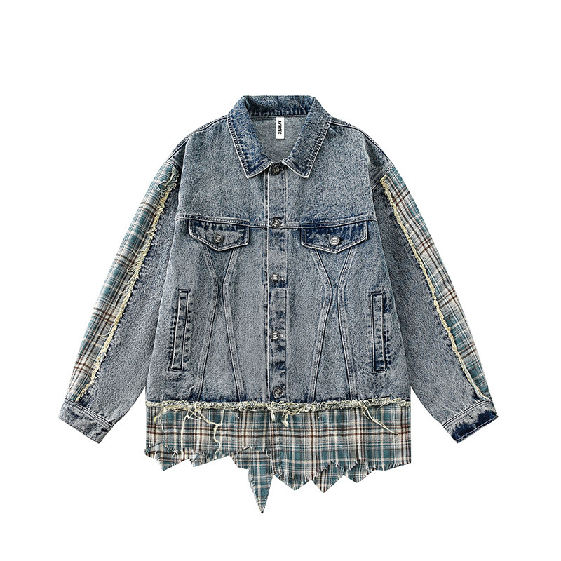 Retro Irregular Patchwork Stripes Raw Edge Denim Jacket — изображение 5