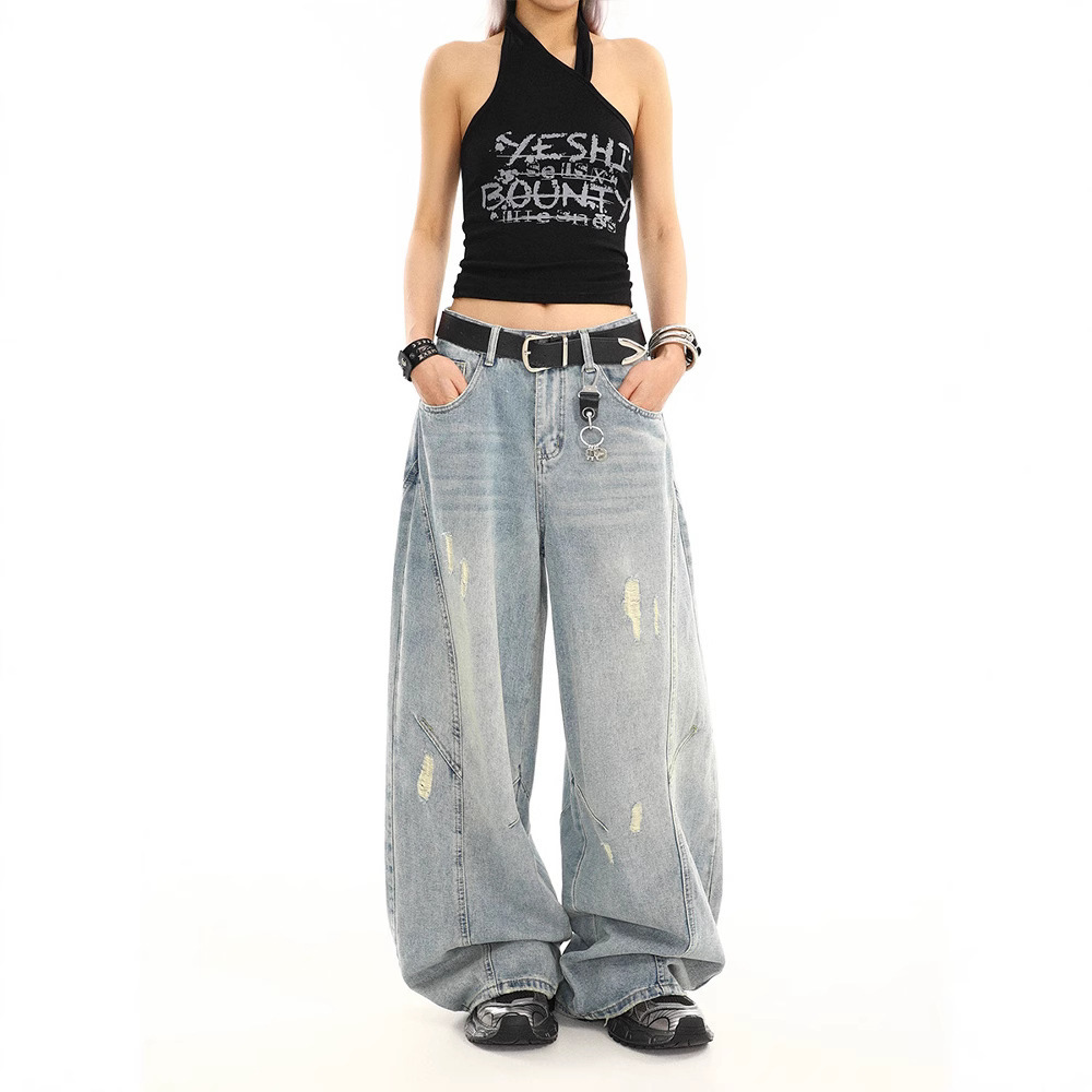 Retro Washed Distressed Loose Straight-leg Wide-leg Pants - Image 4