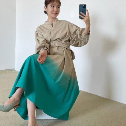 Gradual Halo Dye Design Sense Lace-up Waist Closed Lantern Sleeve Dress