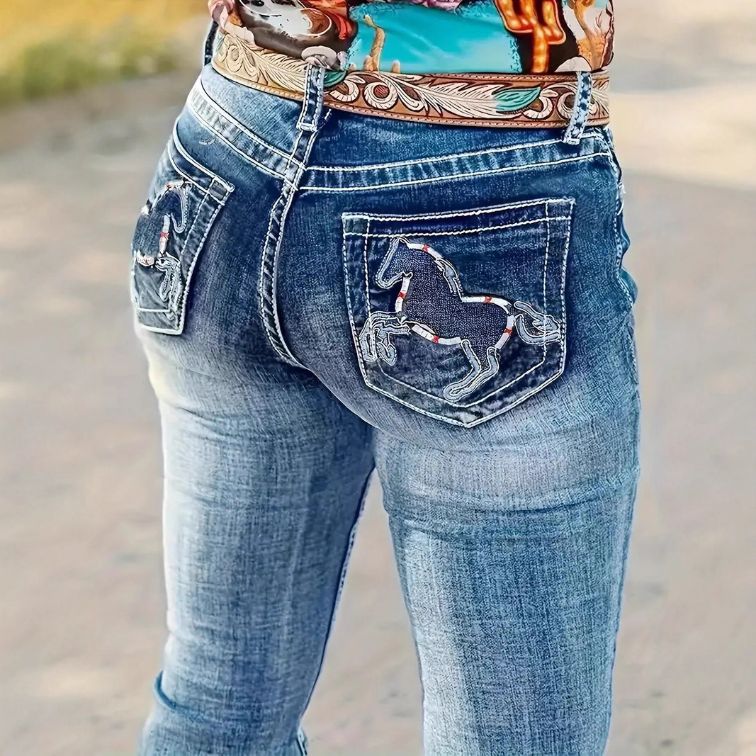 Hatchet Man Embroidery Women's High Waist Stretch Heavy Industry Washed Denim Straight-leg Trousers – Bild 3