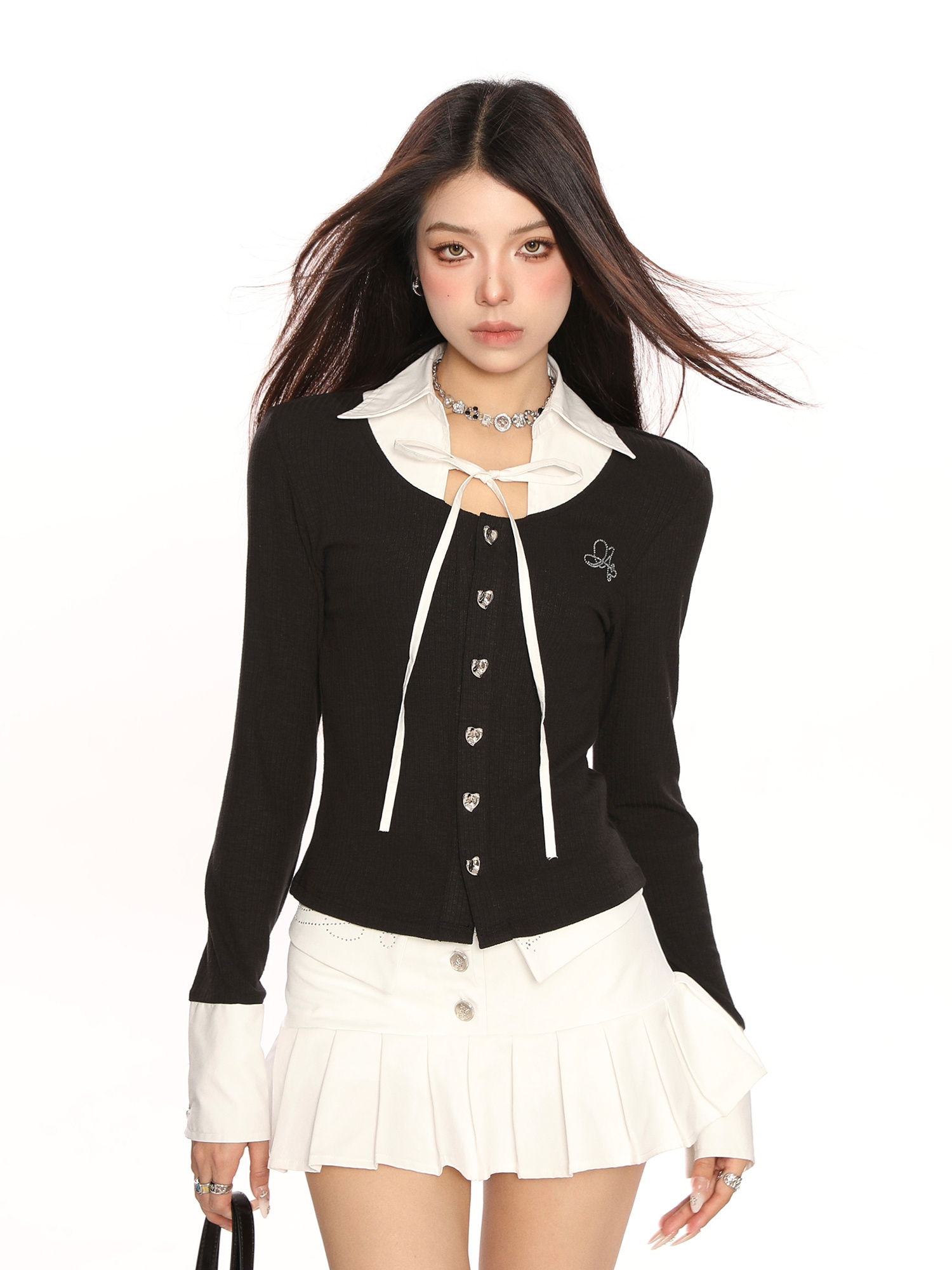 Stylish Shirt Collar Fake Two-piece Long Sleeve Knitwear T-shirt — изображение 6