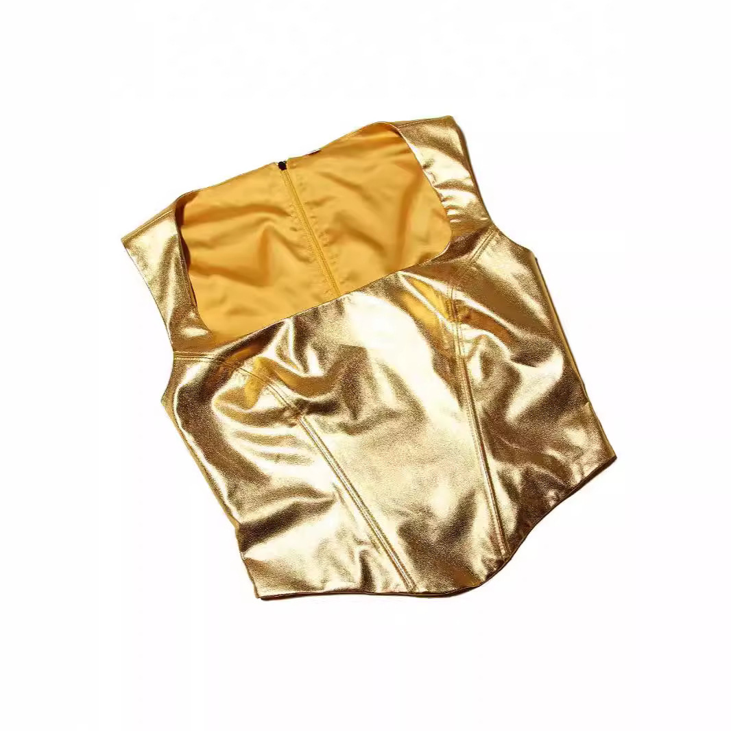 Women's Gold Spaghetti-strap Slim Fishbone Short Top – Bild 3