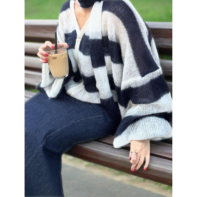 Womens Striped Cardigan Sweaters V Neck Open Front Button Up Color Block Loose Coats With Scarf – Bild 4