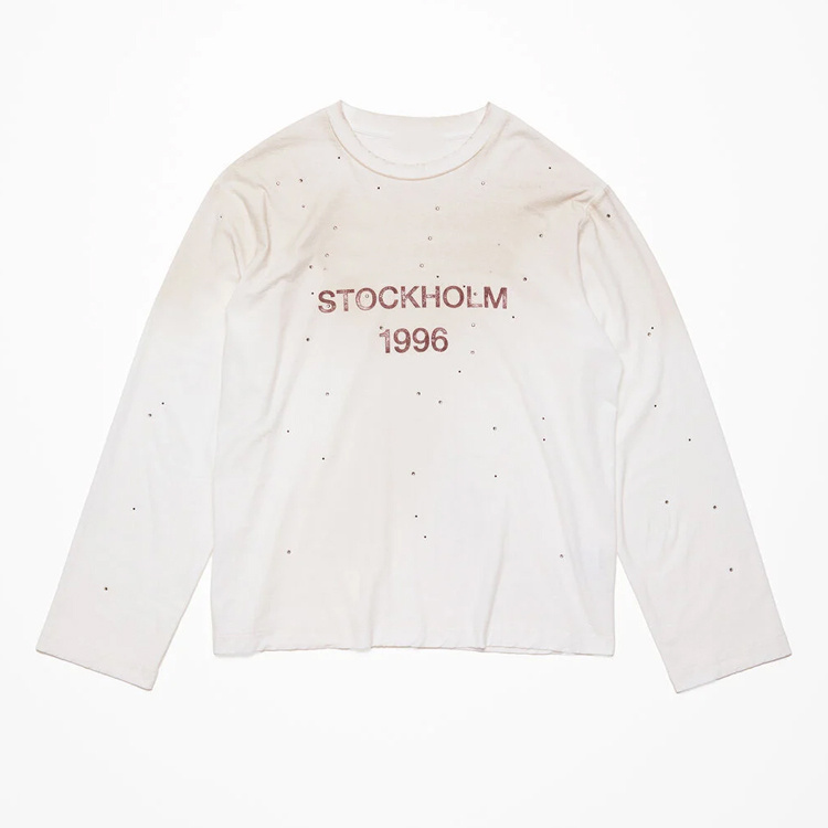 Rhinestone Distressed Letters Printed Long-sleeved T-shirt