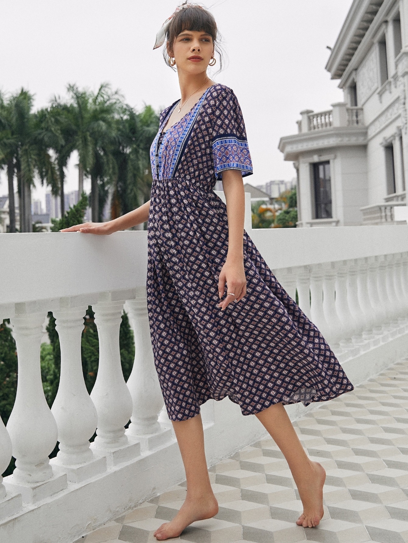 Casual Loose Printed Round Neck Short Sleeve Women's Dress - Image 8