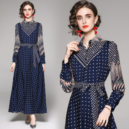 Women's Temperament Lapel Long-sleeved Dress