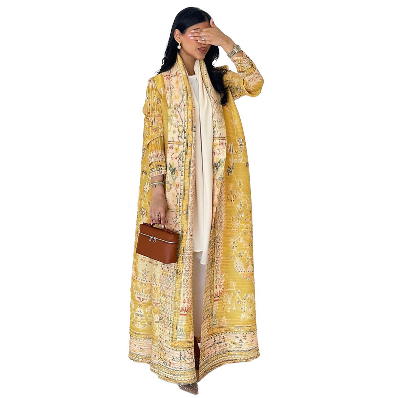 Pleated Print Cardigan Long Coat Arabic Robe Plus Size - Image 5