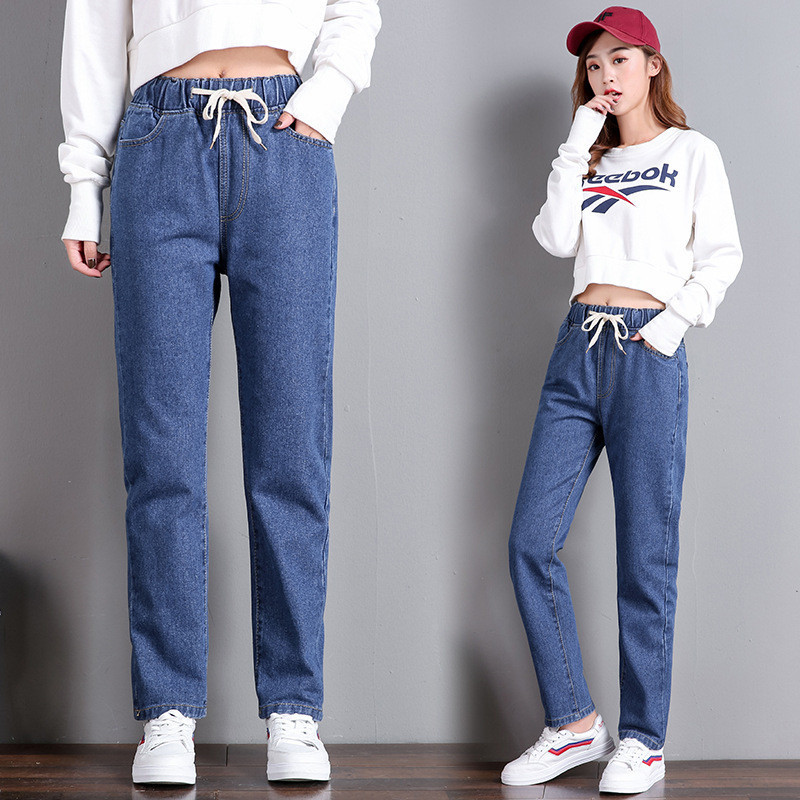 Korean Style Women's Straight Casual Elastic Waist Tied High Waist Student Jeans – Bild 2