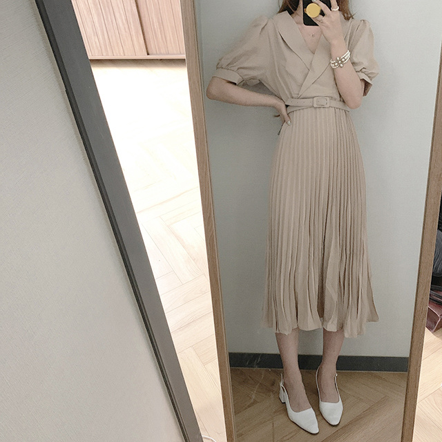 Waist Slim Puff Sleeve Pleated Dress With Belt - Image 5
