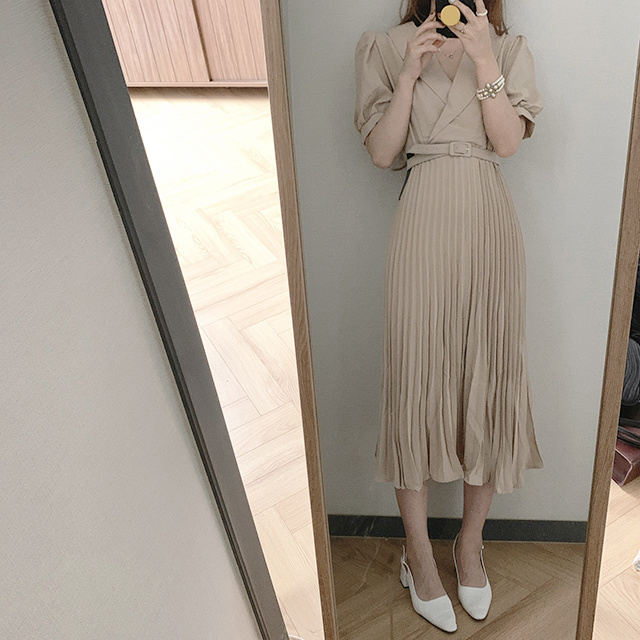 Waist Slim Puff Sleeve Pleated Dress With Belt - Image 4