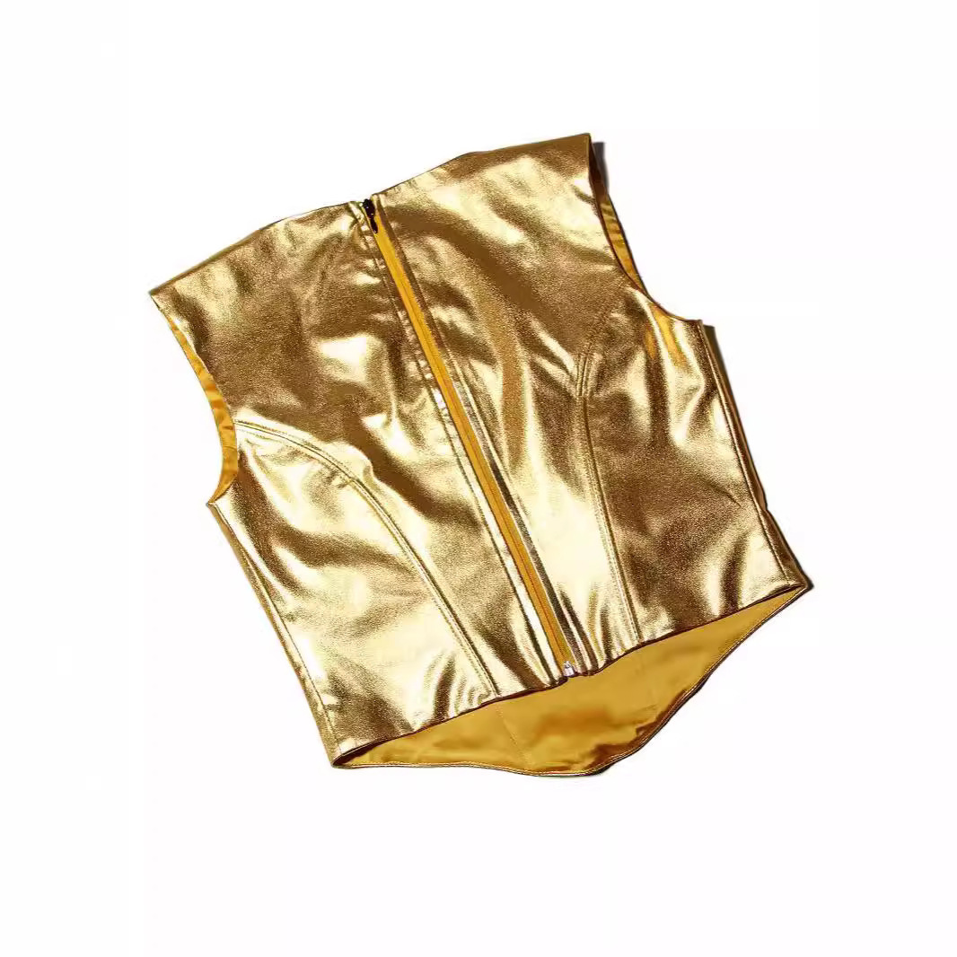 Women's Gold Spaghetti-strap Slim Fishbone Short Top – Bild 4