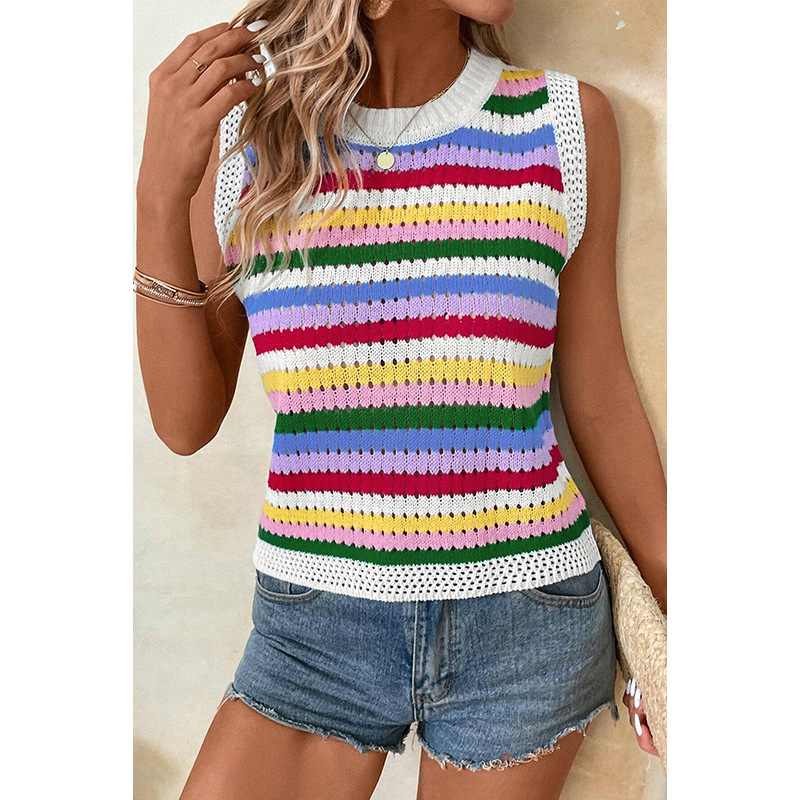 European And American Dopamine Contrast Color Striped Round Neck Pullover - Image 2