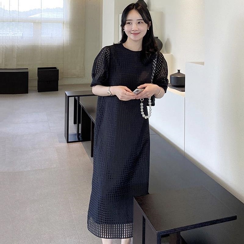 Mesh Textured Over-the-knee Puff-sleeve Dress