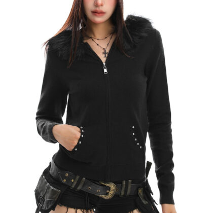 Design Sense Rivet Fur Collar Hood Sweater