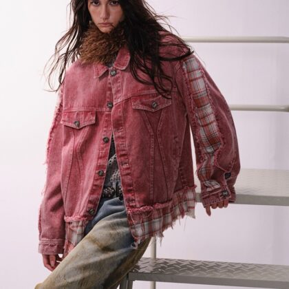 Retro Irregular Patchwork Stripes Raw Edge Denim Jacket