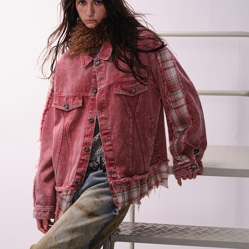 Retro Irregular Patchwork Stripes Raw Edge Denim Jacket