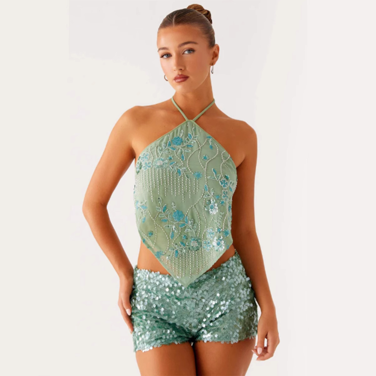 Trendy Sequined Embroidered Halter Spaghetti Straps Backless Lace-up Sleeveless Top