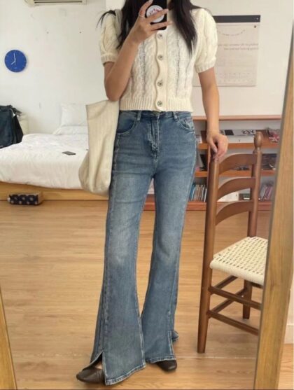 High-waisted, High-elastic, Slim-fitting, Brushed-color, Split-flared Jeans