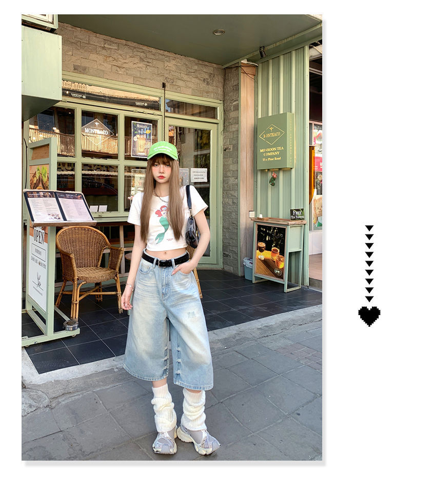 Women's Washed Light-colored Loose Wide-leg Cropped Denim Shorts - Image 6