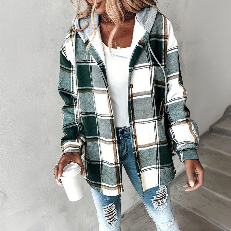 Women's Plaid Hoodie Long Sleeve Jacket Button Drawstring Casual Fall Shirts Shacket With Pocket - Image 2