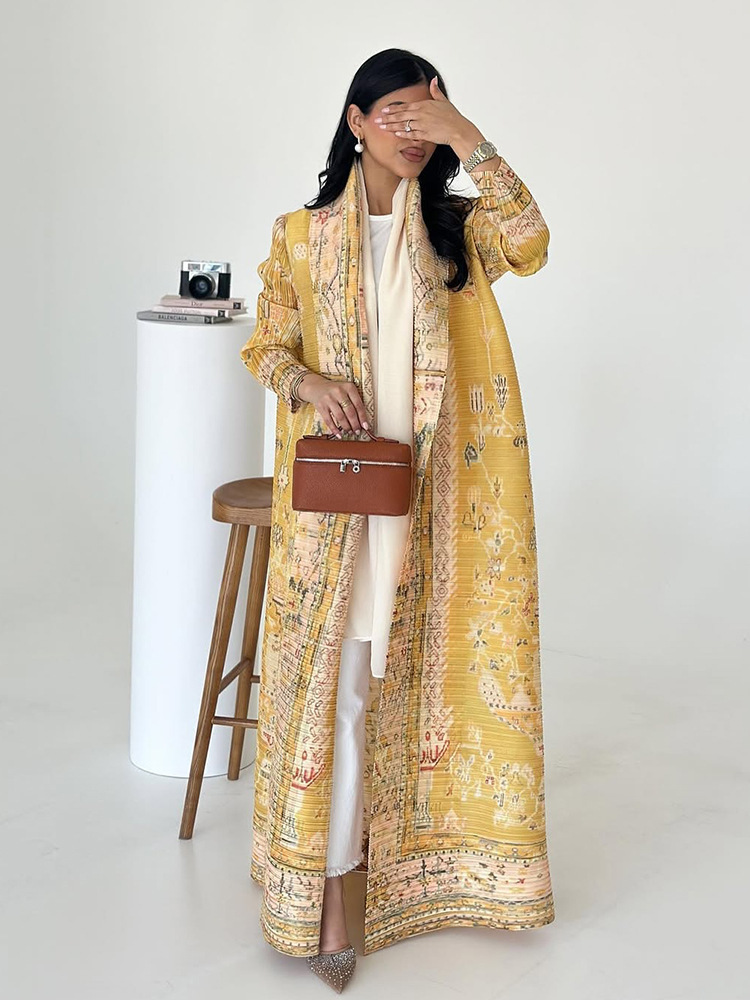 Pleated Print Cardigan Long Coat Arabic Robe Plus Size - Image 8