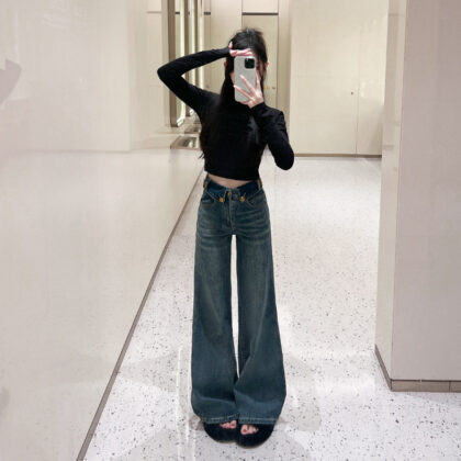 Retro Blue Flared Straight Jeans For Women Autumn And Winter Slimming Pear-shaped Body Pants