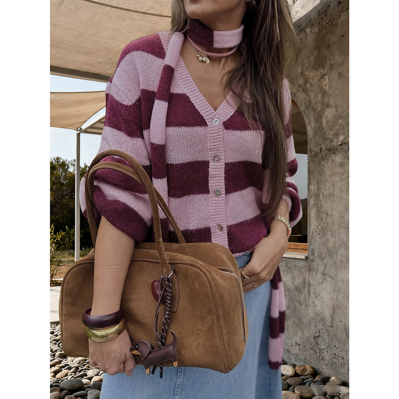 Womens Striped Cardigan Sweaters V Neck Open Front Button Up Color Block Loose Coats With Scarf – Bild 9