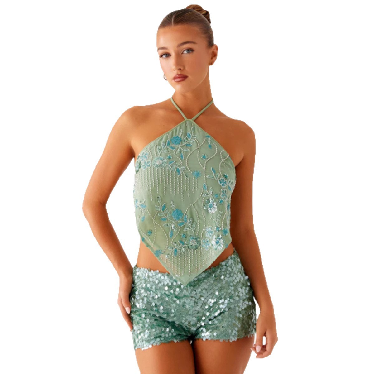 Trendy Sequined Embroidered Halter Spaghetti Straps Backless Lace-up Sleeveless Top - Image 5