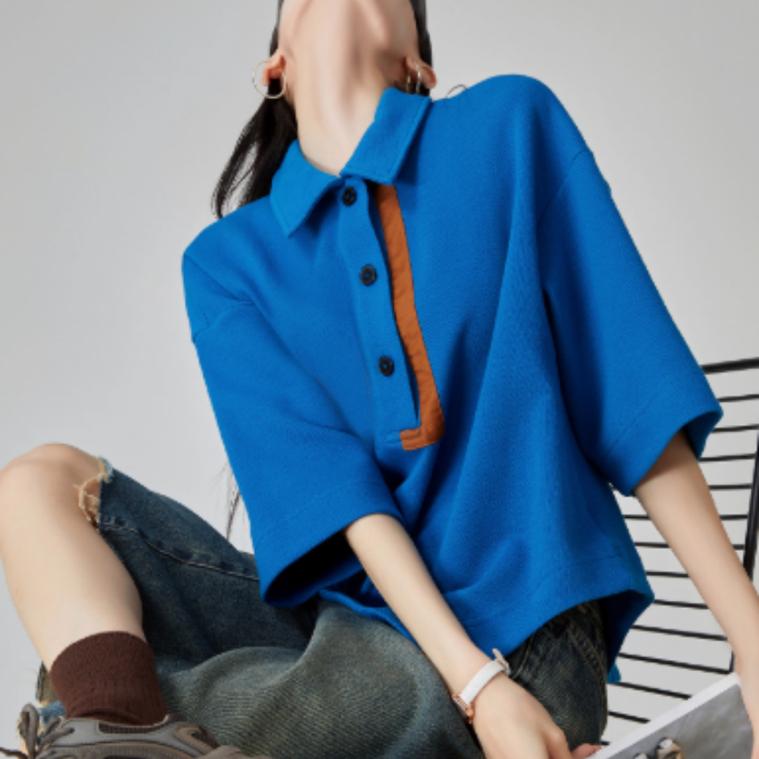 Klein Blue Lapel Contrast Color Pullover T-shirt For Women - Image 2