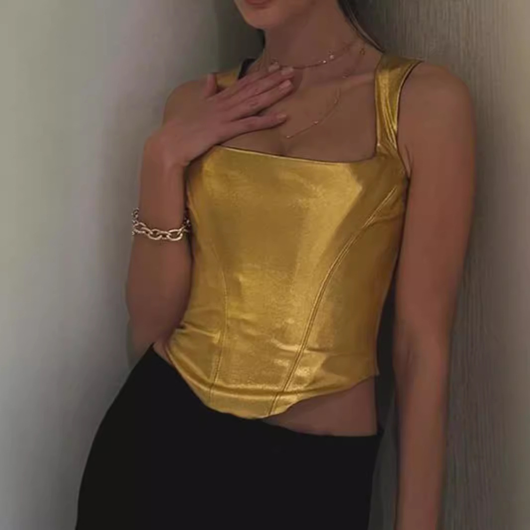 Women's Gold Spaghetti-strap Slim Fishbone Short Top – Bild 2