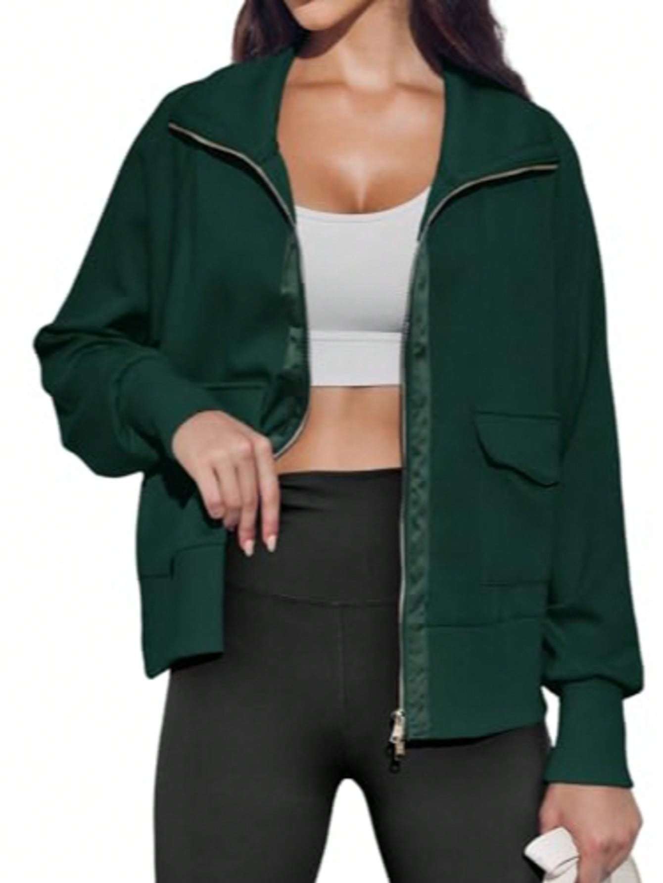 Fisoew Women's Zip Up Sweatshirt Collared Neck Long Sleeve Loose Casual Lightweight Jacket With Pockets - Image 3