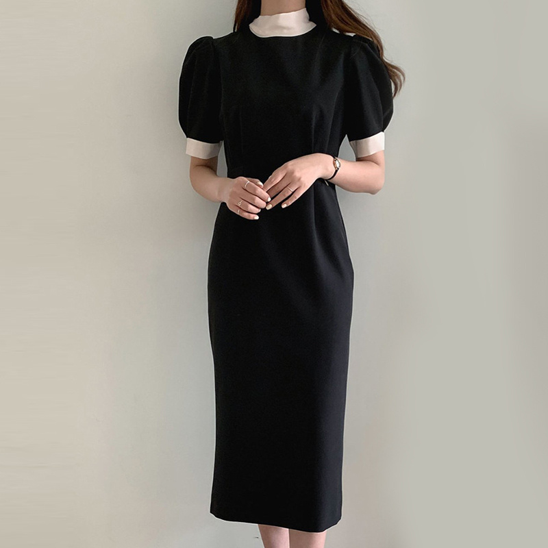 Women's Stand Collar Waist Slim Puff Sleeve Hip Dress — изображение 3