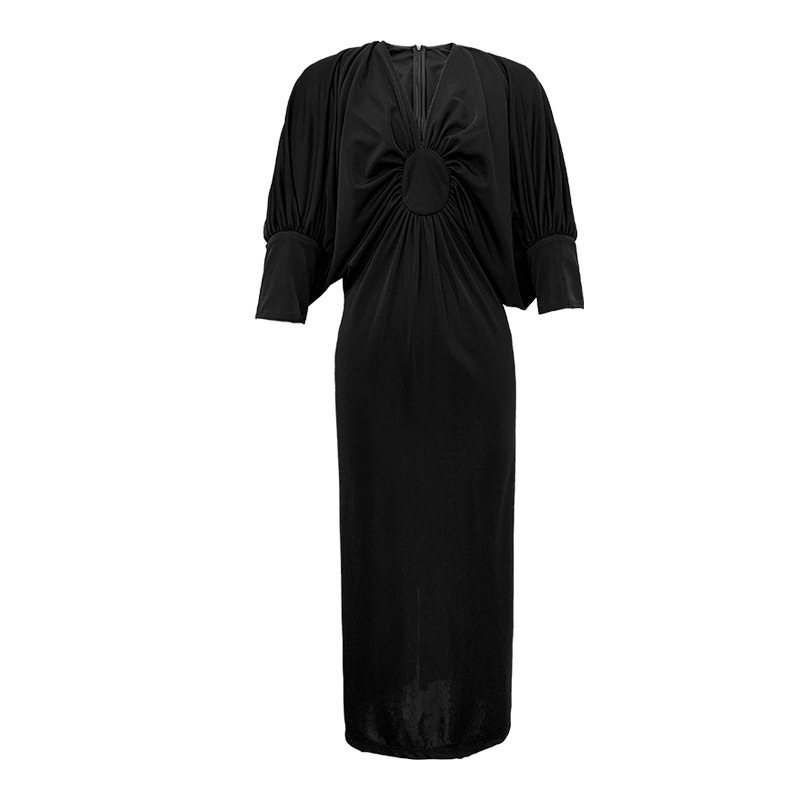 Long Sleeve Pleated Waist Wrapped Slim Dress - Image 3