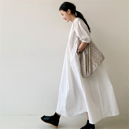 Summer New Style Puff Sleeve Loose Large Size High Waist Over Knee Long Pleated Doll Dress - Image 5