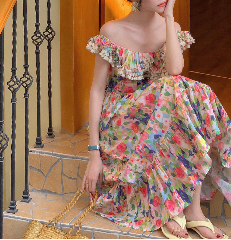 French One-line Shoulder Tea Break Skirt Off-shoulder Oil Painting Print Dress - Image 4