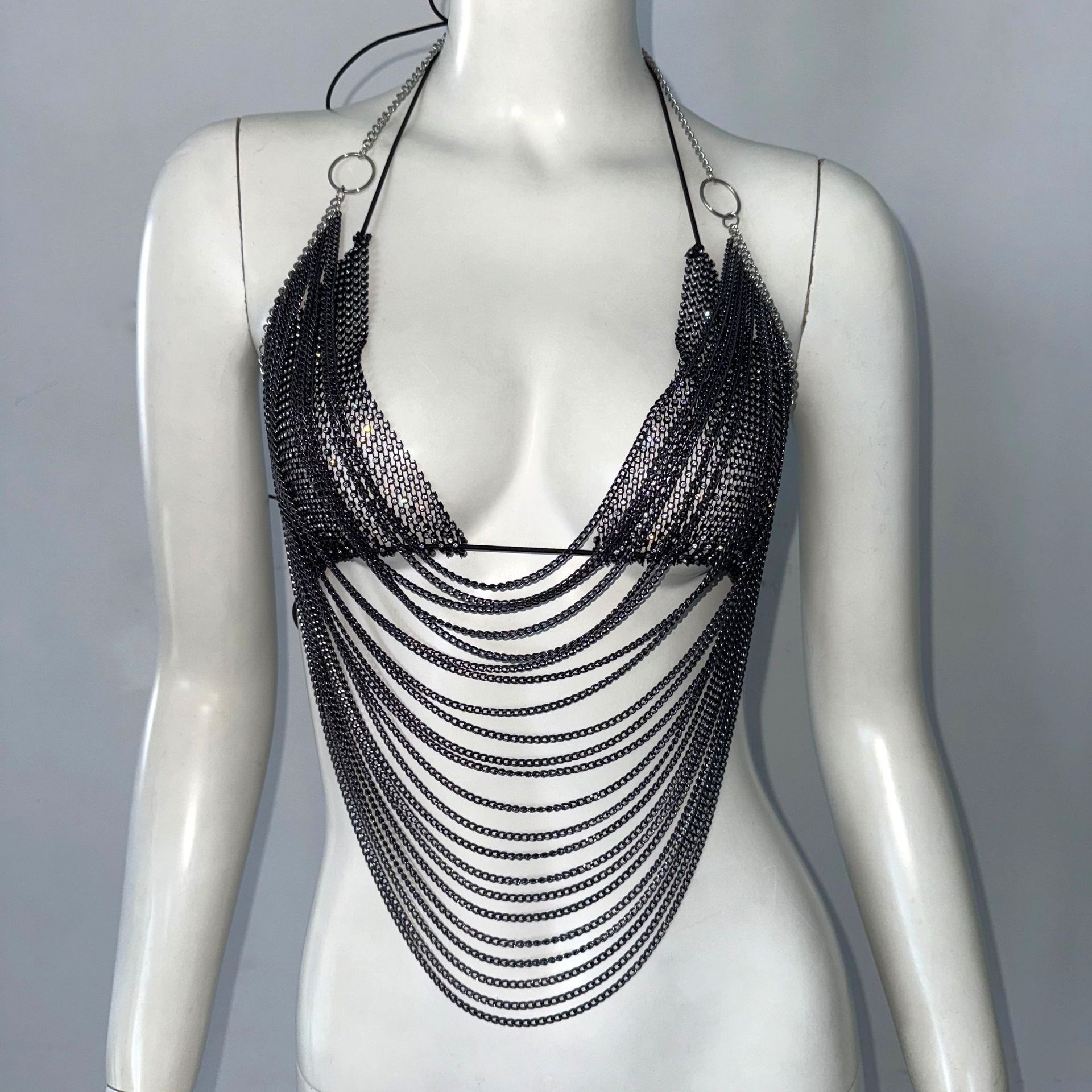 Sling Fishnet Rhinestone Halter Top Metal Decoration Two-piece Set - Image 3