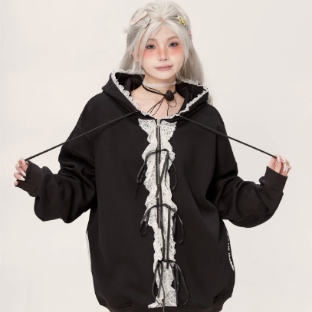 Lace Lace Zipper Gray Hoodie Jacket For Women - Image 2