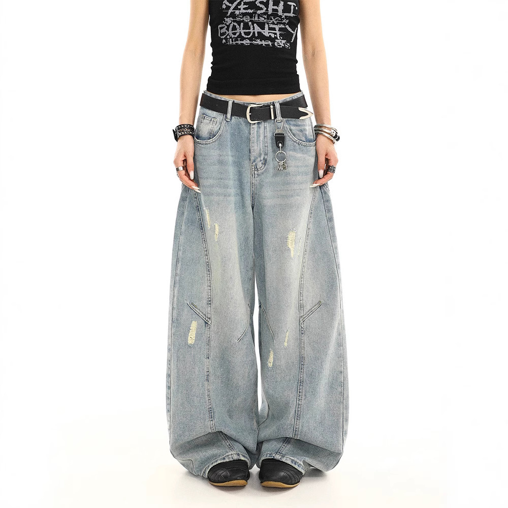 Retro Washed Distressed Loose Straight-leg Wide-leg Pants - Image 5